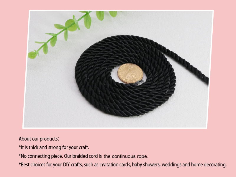 PAMIR TONG Black 5mm Twisted Satin Cord for Crafts 10 Yards Braided Decorative Cotton Cords Trims Polyester Twine Cord Thick Round Fabric Rope Thread for Sewing-DIY Projects Supplies - Image 4